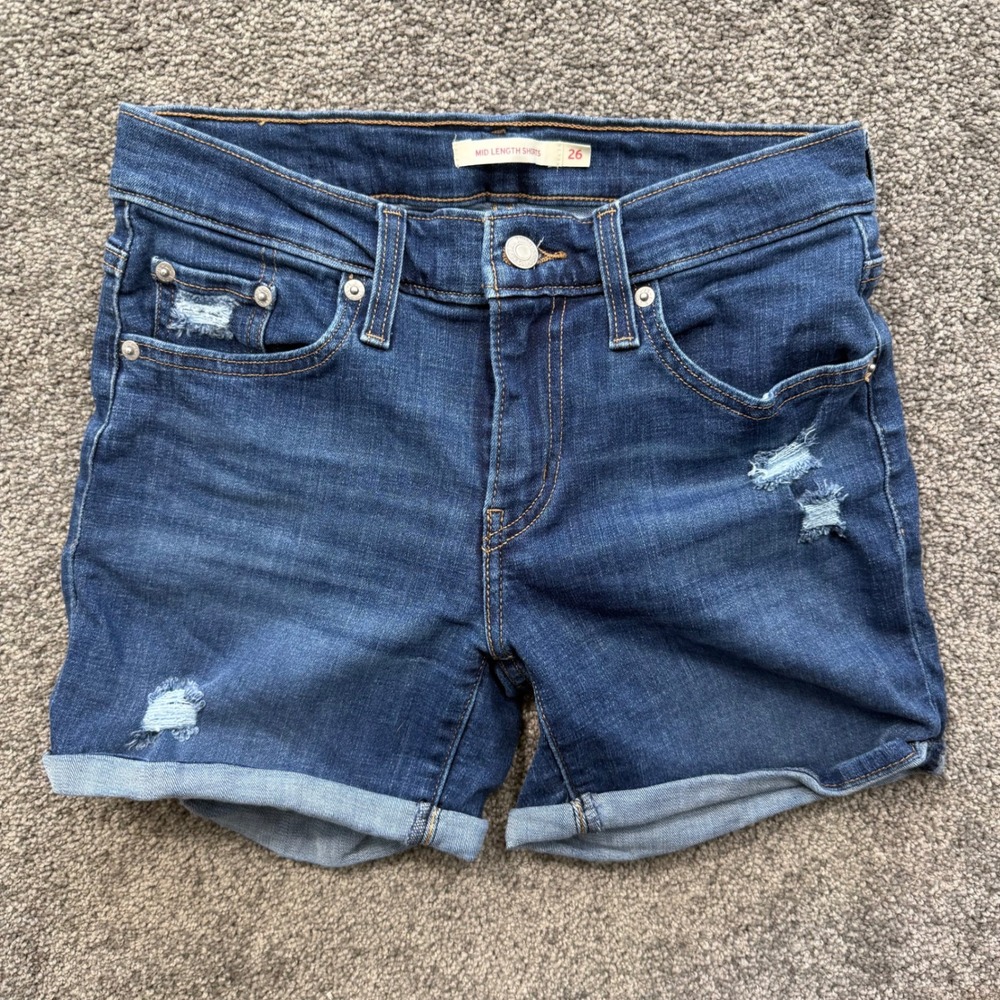 Levis Mid Length Denim Shorts Womens 26 Dark Wash Distressed Cuffed Jean Shorts